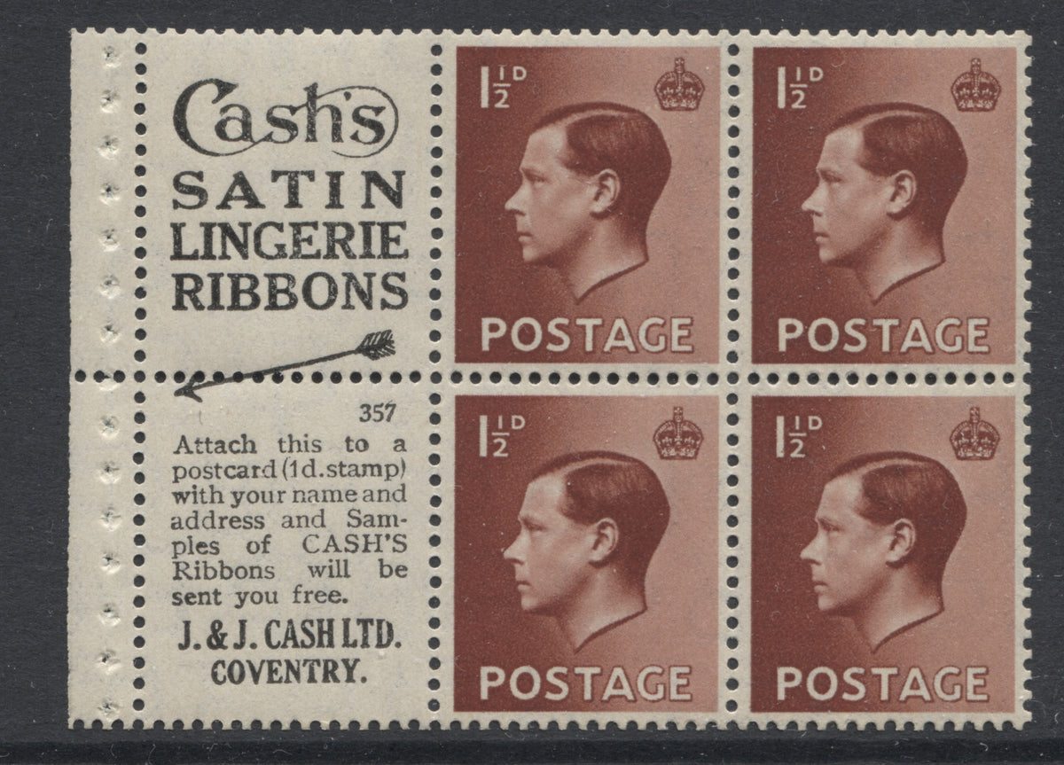 King Edward VIII Stamps  1936 1½d INV. PANE OF 4+2 LABELS UM(MNH) SG.459aw
