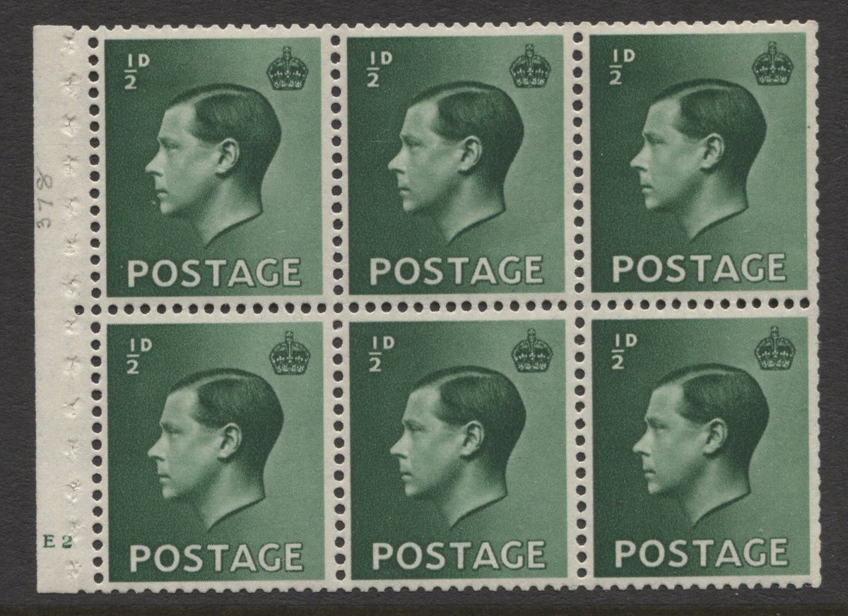King Edward VIII Stamps 1936 EVIII ½d UPRIGHT PANE OF 6 CYL. "E2"(NO DOT) MINT SG.PB1