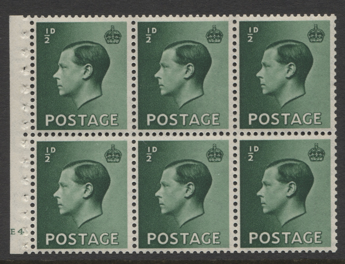 King Edward VIII Stamps 1936 EVIII ½d UPRIGHT PANE OF 6 CYL. "E4"(NO DOT) MINT SG.PB1.