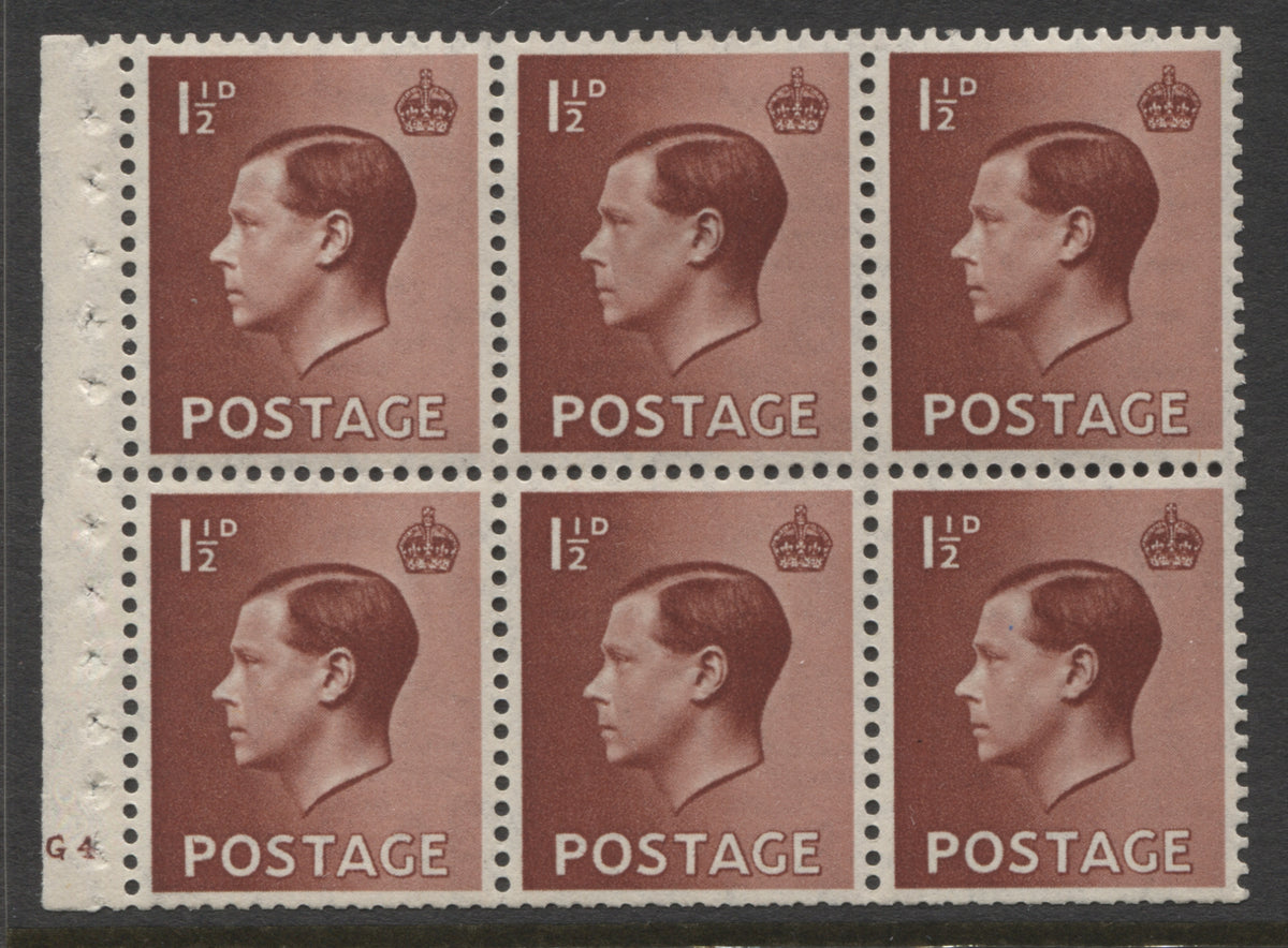 King Edward VIII Stamps 1936 EVIII 1½d UPRIGHT PANE OF 6 CYL. "G4"(NO DOT) MINT SG.PB3.