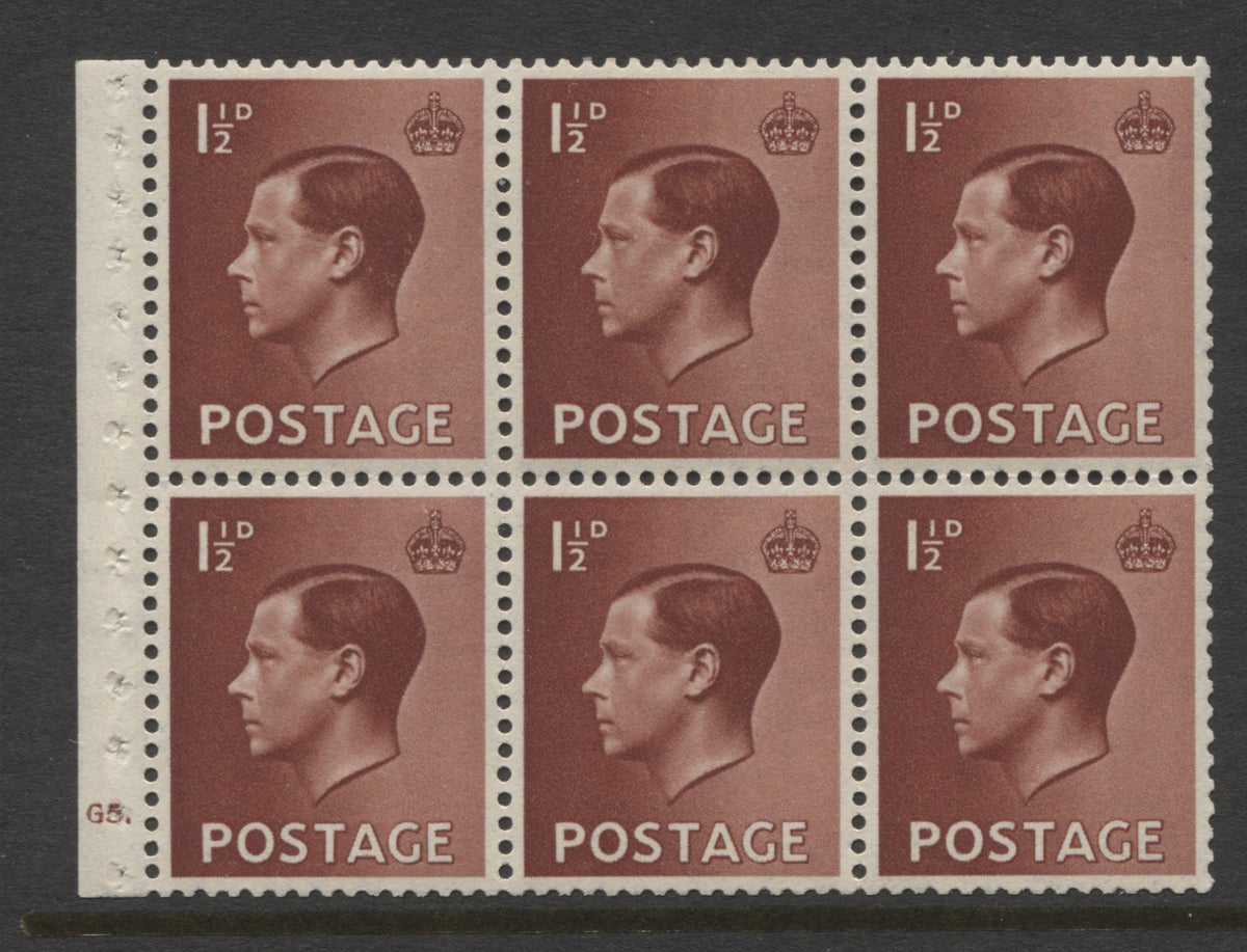 King Edward VIII Stamps 1936 EVIII 1½d UPRIGHT PANE OF 6 CYL. "G5"(DOT) MINT SG.PB3.
