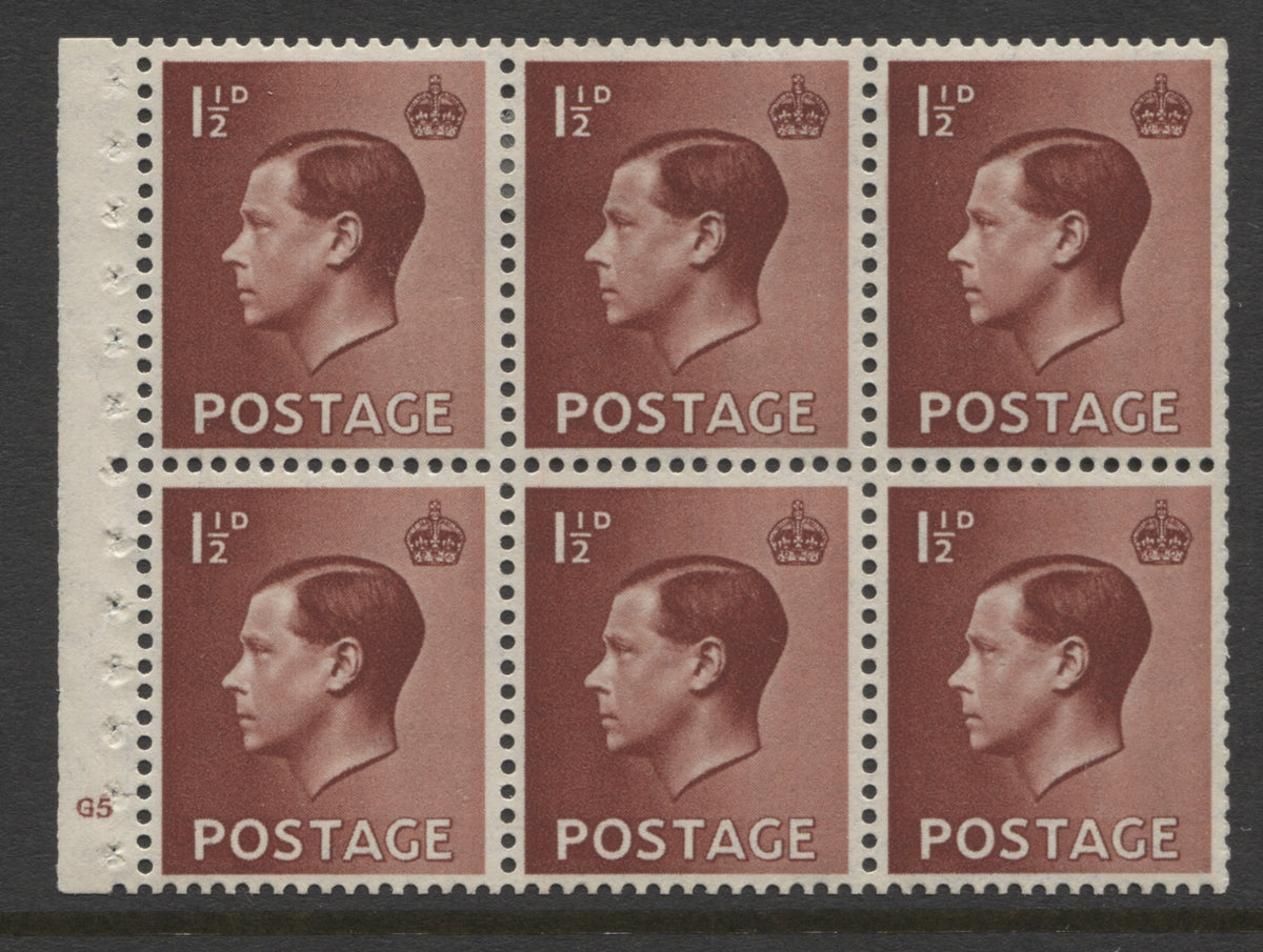 King Edward VIII Stamps 1936 EVIII 1½d UPRIGHT PANE OF 6 CYL. "G5"(NO DOT) MINT SG.PB3.