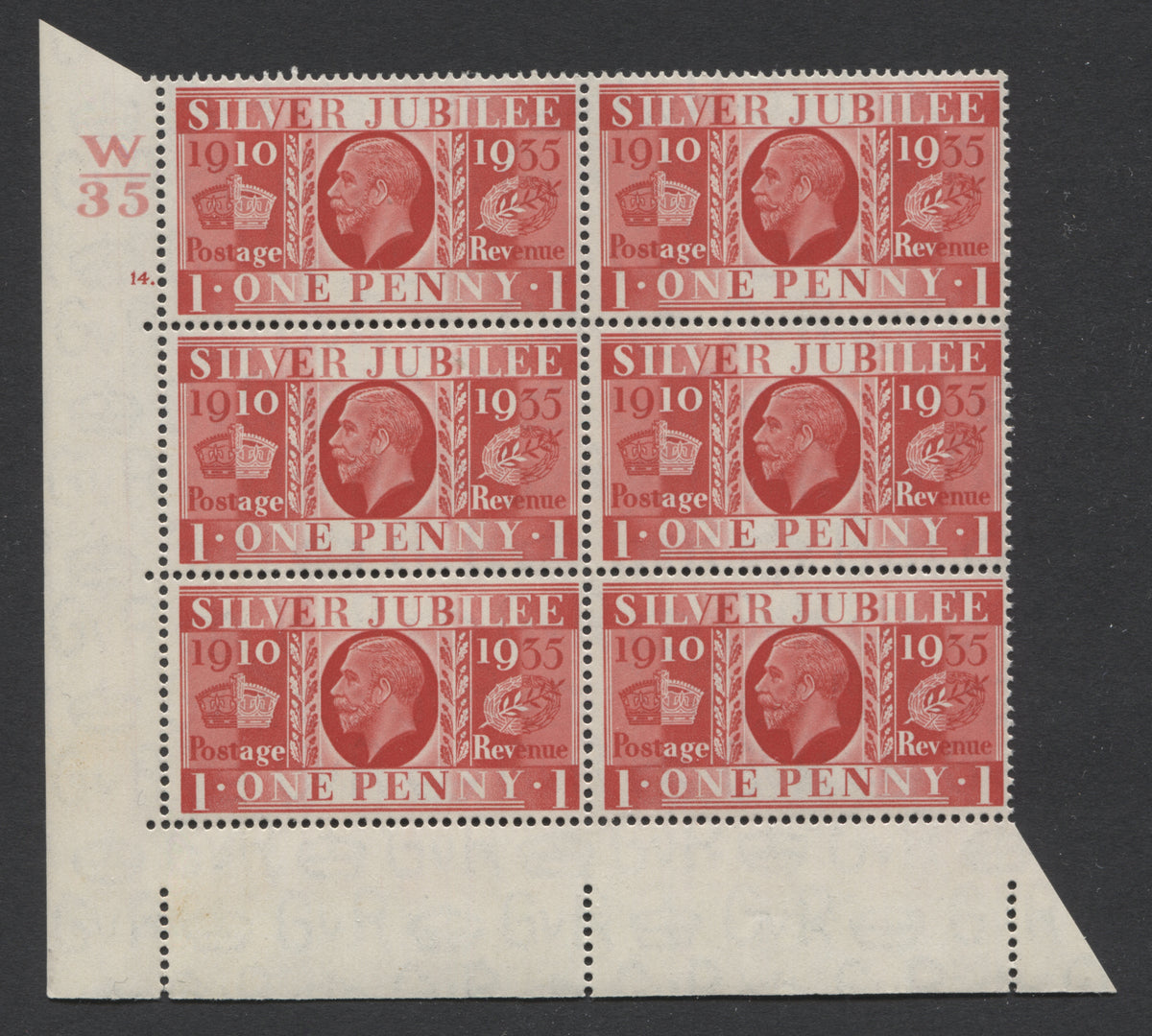 King George V Stamps 1935 JUBILEE 1d CYLINDER "14"(DOT) BLOCK OF 6 UM SG.NCOM11.