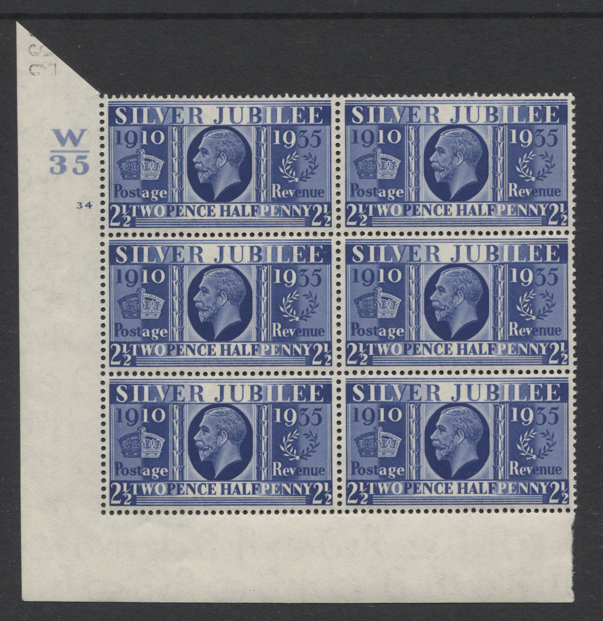 King George V Stamps 1935 JUBILEE 2½d CYLINDER "34"(NO DOT) BLOCK OF 6 UM SG.NCOM113.