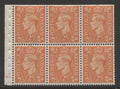 King George VI Stamps 1941 GVI 2d UPRIGHT PANE OF 6 CYL. "H24"(DOT) MINT SG.QB30.