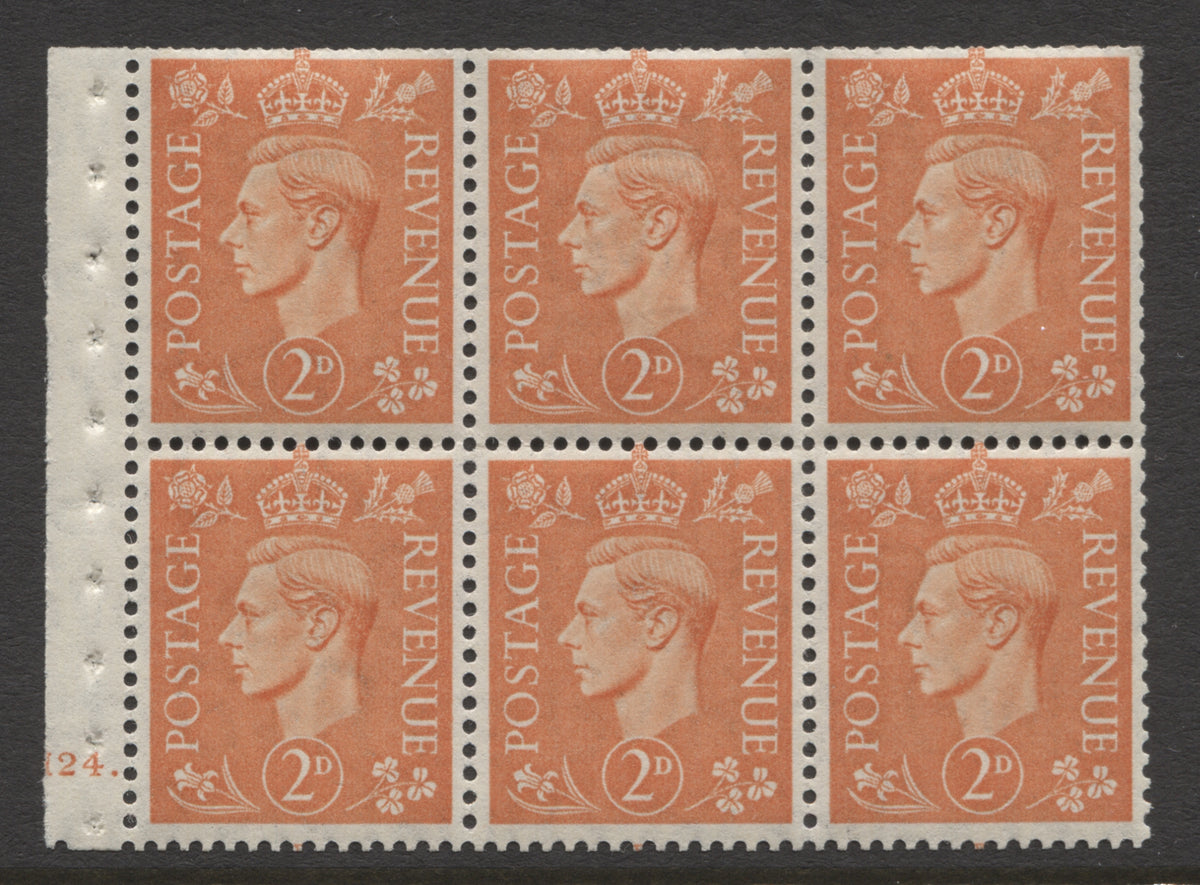 King George VI Stamps 1941 GVI 2d UPRIGHT PANE OF 6 CYL. "H24"(DOT) MINT SG.QB30.