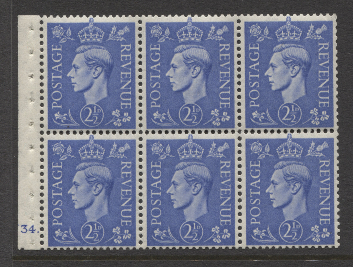 King George VI Stamps 1941 GVI 2½d UPRIGHT PANE OF 6 CYL. "J34"(DOT) MINT SG.QB33.