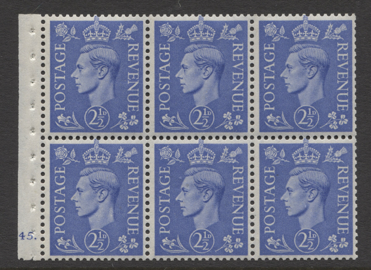 King George VI Stamps 1941 GVI 2½d UPRIGHT PANE OF 6 CYL. "J45"(DOT) UM SG.QB33.