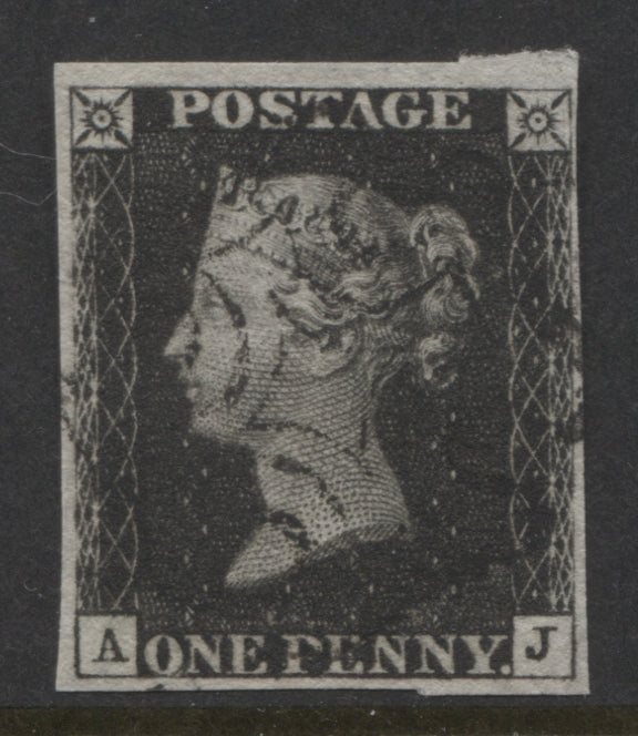 Penny Black Stamps 1840 1d "AJ" Plate 8, 4 Margins Fine Used.