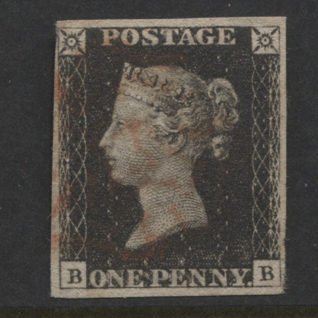 Penny Black Stamps 1840 1d "BB" Plate 6, 4 Margins Fine Used.