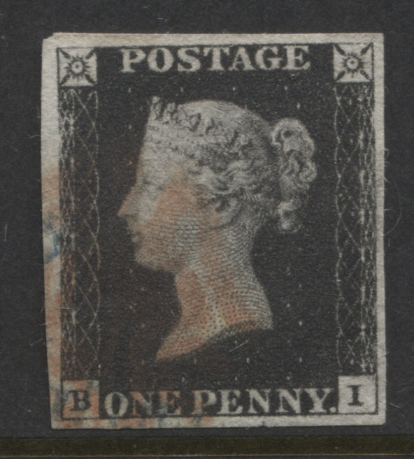 Penny Black Stamps 1840 1d "BI" Plate 5, 4 Margins Fine Used.