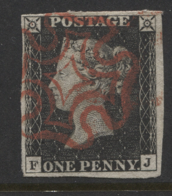 Penny Black Stamps 1840 1d "FJ" Plate 1b, 4 Margins Fine Used