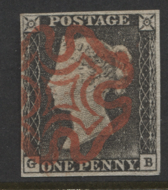 Penny Black Stamps 1840 1d "GB" Plate 1a, 4 Margins Fine Used.