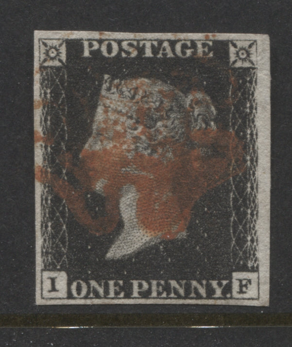 Penny Black Stamps 1840 1d "IF" Plate 6, 4 Margins Fine Used.