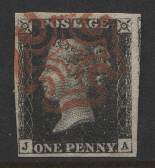 Penny Black Stamps 1840 1d "JA" Plate 5, 4 Margins Fine Used