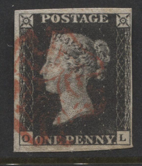 Penny Black Stamps 1840 1d "OL" Plate 7, 4 Margins Fine Used.