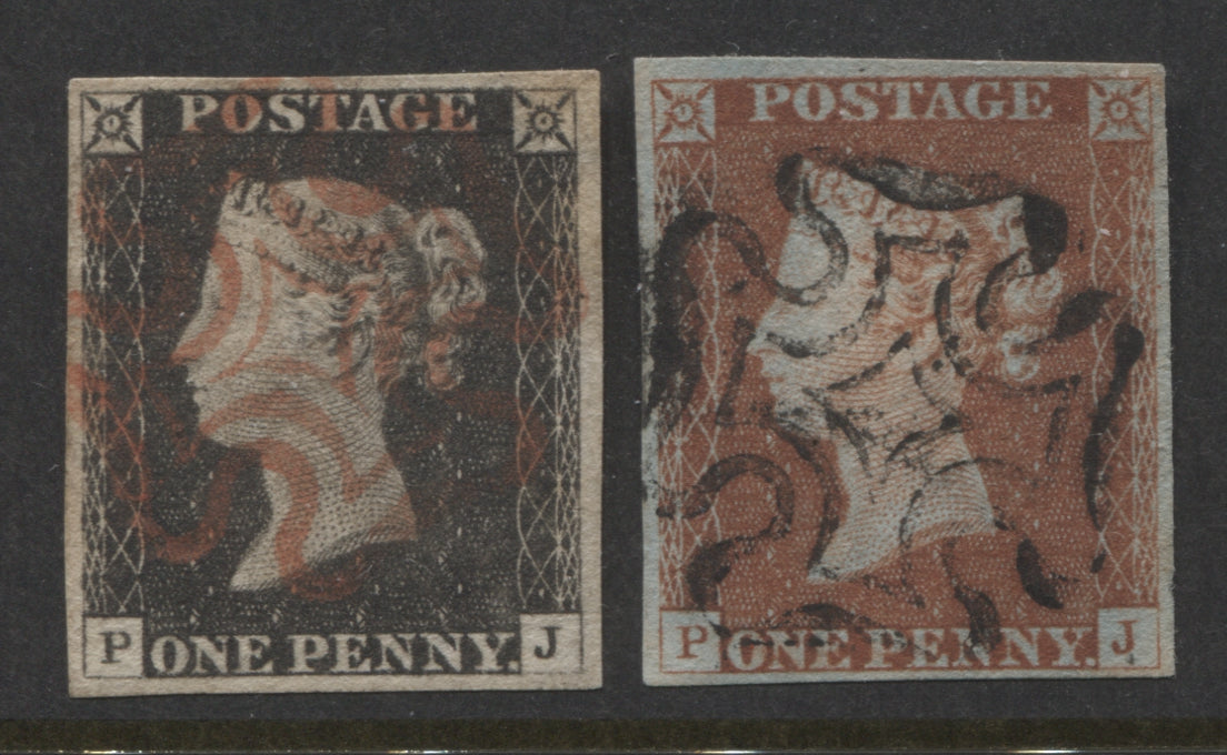 Penny Black Stamps 1840/41 1d "PJ" Matched pair Plate 2, Fine Used.