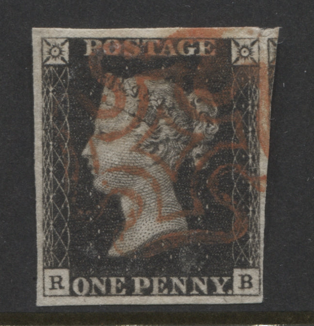 Penny Black Stamps 1840 1d "RB" Plate 6, 4 Margins Fine Used.